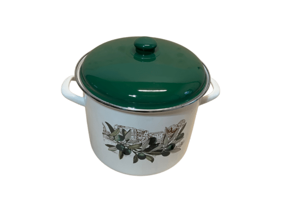 Smaltovaný hrniec s olivovým vzorom a zelenou pokrievkou