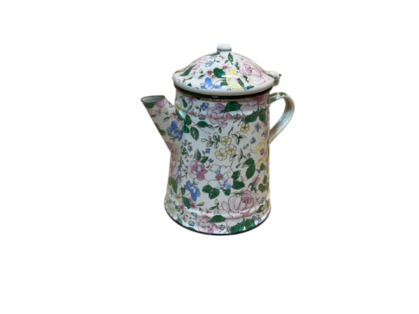 Smaltovaný čajník biely so vzorom kvetín zatvorený