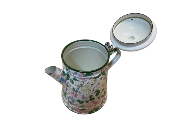 Smaltovaný čajník biely so vzorom kvetín otvorený