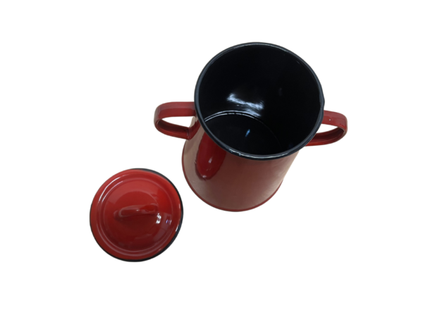 Smaltovaná nádoba na masť v červenej farbe otvorená