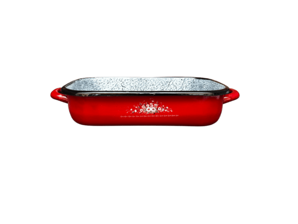 Smaltovaný pekáč s jemným vzorom kvetiny v červenej farbe z bočnej strany